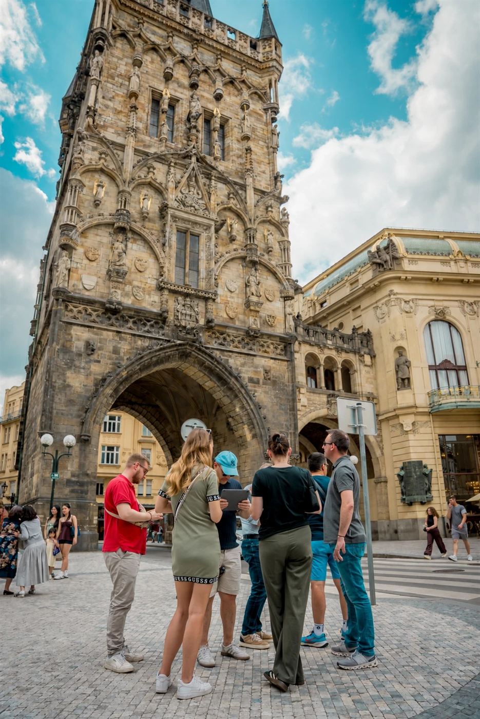 A team with their tablet at the Powder Tower and the Municipal House